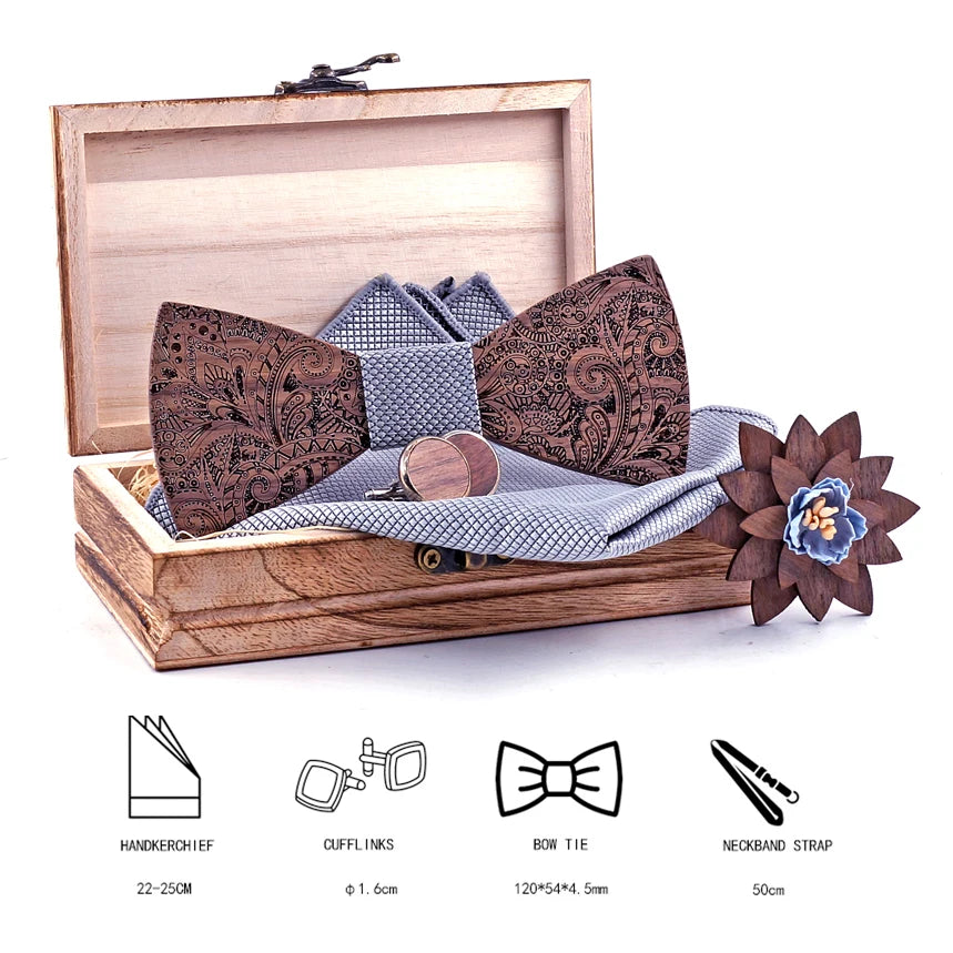 Formal Clasic Grey Tie for Men wedding wooden bow Tie Set Gift Hanky Cufflinks Set for Men Designer Fashion Silk Ties