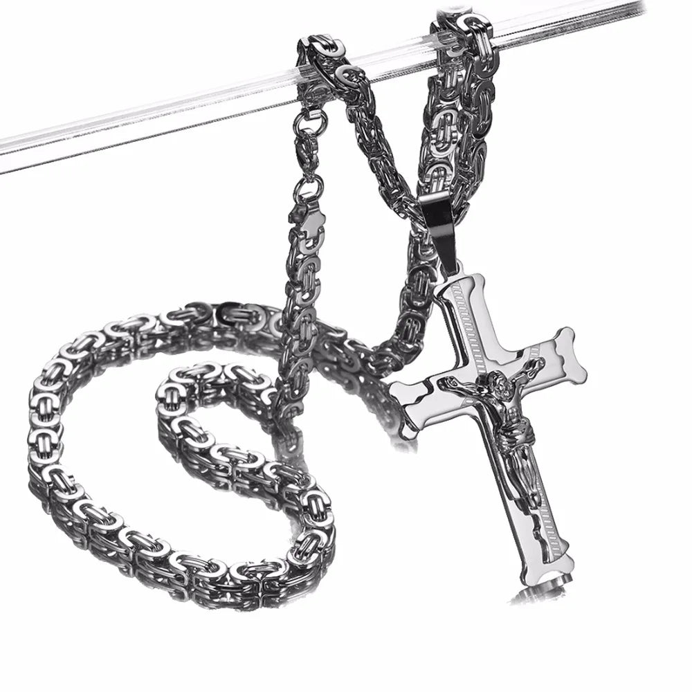 Jesus Cross Silver Color Necklaces Men Women Pendant Stainless Steel With 6MM Byzantine Chain  Christian Crucifix Jewelry