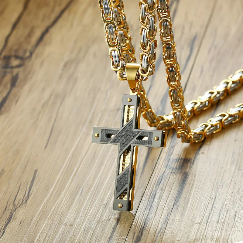 Crucifixo Cross Necklace Men Stainless Steel 24" Byzantine Chain Male Necklaces Pendants