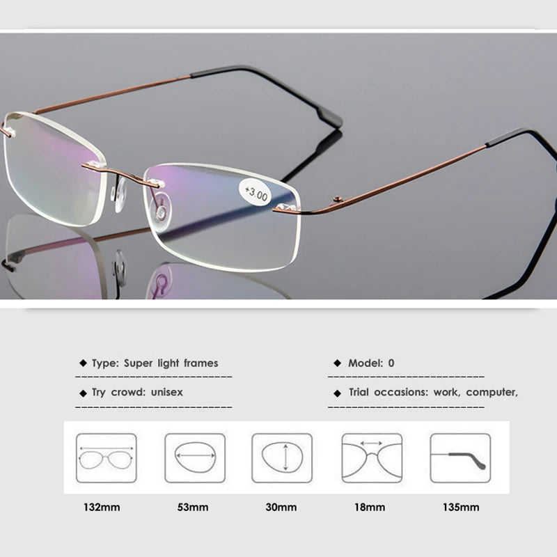 VCKA Rimless Reading Glasses Men Titanium Alloy Fold  Women Square Eyeglasses Presbyopic Frameless Eyewear +1.0 +1.5 +2.0 +2.5