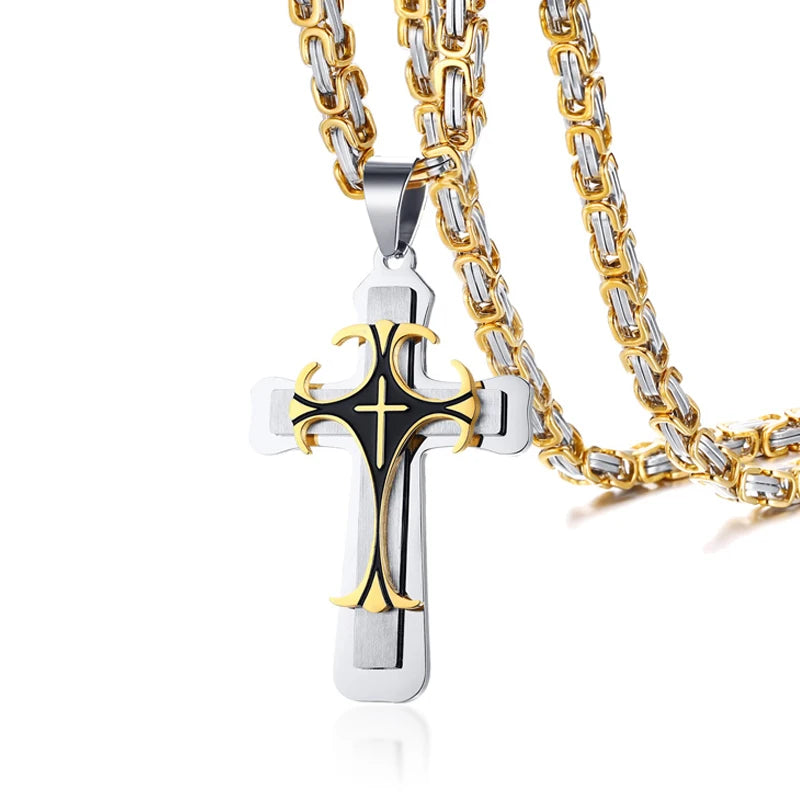 Crucifixo Cross Necklace Men Stainless Steel 24" Byzantine Chain Male Necklaces Pendants