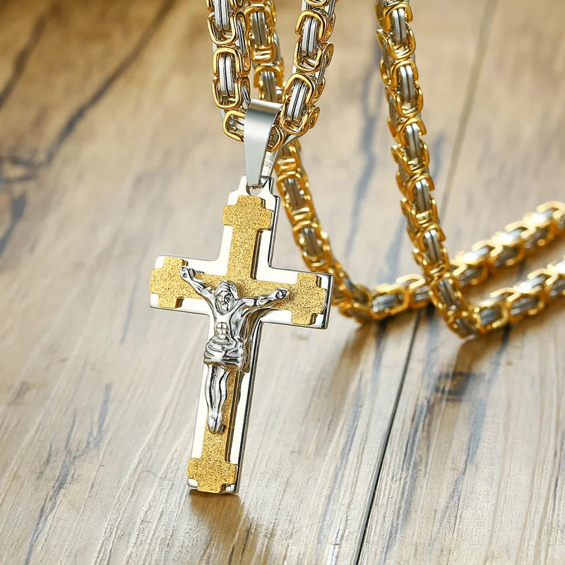 Crucifixo Cross Necklace Men Stainless Steel 24" Byzantine Chain Male Necklaces Pendants