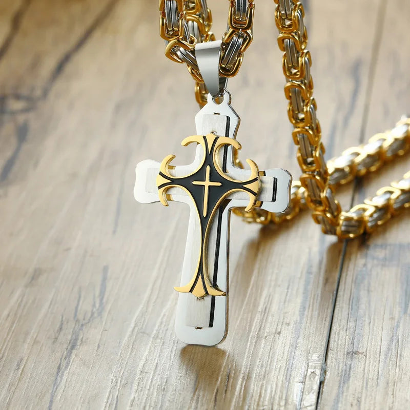 Crucifixo Cross Necklace Men Stainless Steel 24" Byzantine Chain Male Necklaces Pendants