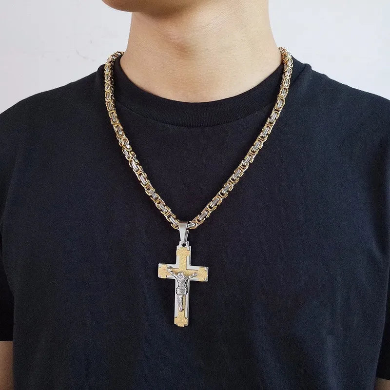 Crucifixo Cross Necklace Men Stainless Steel 24" Byzantine Chain Male Necklaces Pendants