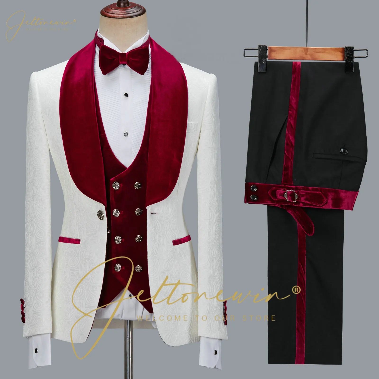 Fashion Designs Men Suits Groomsman Black Floral Jacket Burgundy Velvet Lapel Formal Groom Wear Wedding Party Dress Prom Tuxedos