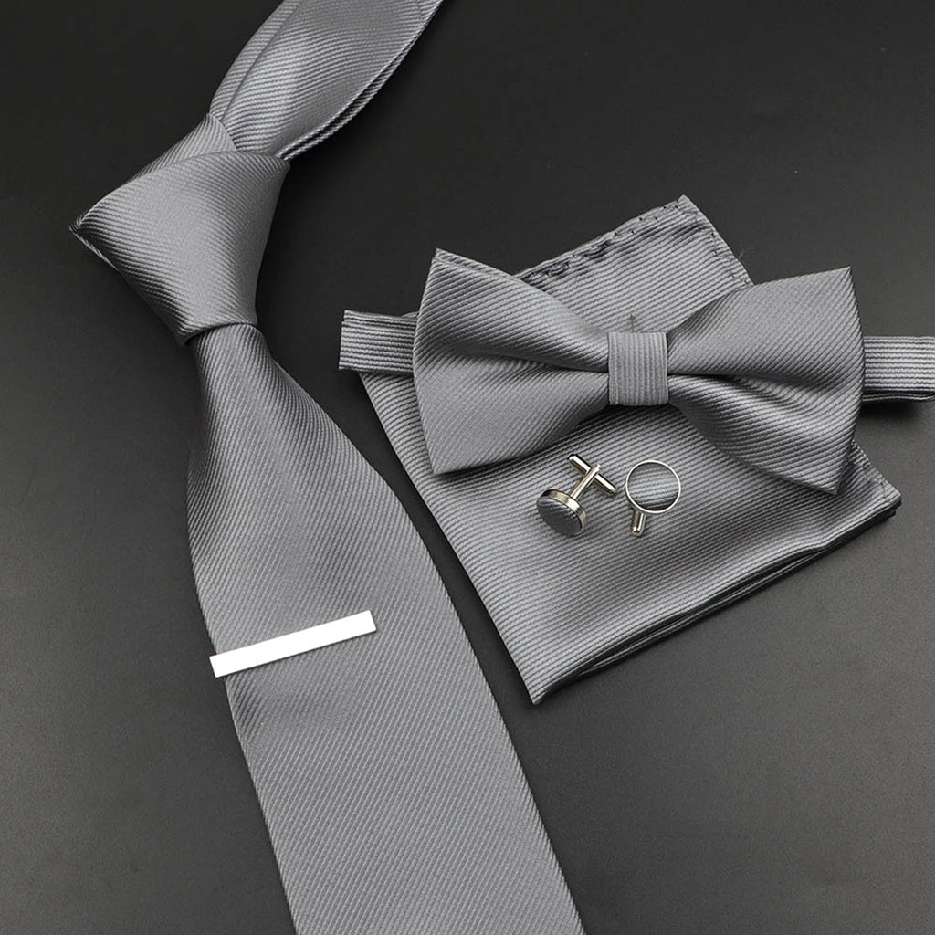 New Men's Tie Bowtie Set Luxury Business Worker Blue Black Solid Color Silk Polyester Jacquard Woven Necktie Suit Wedding Party
