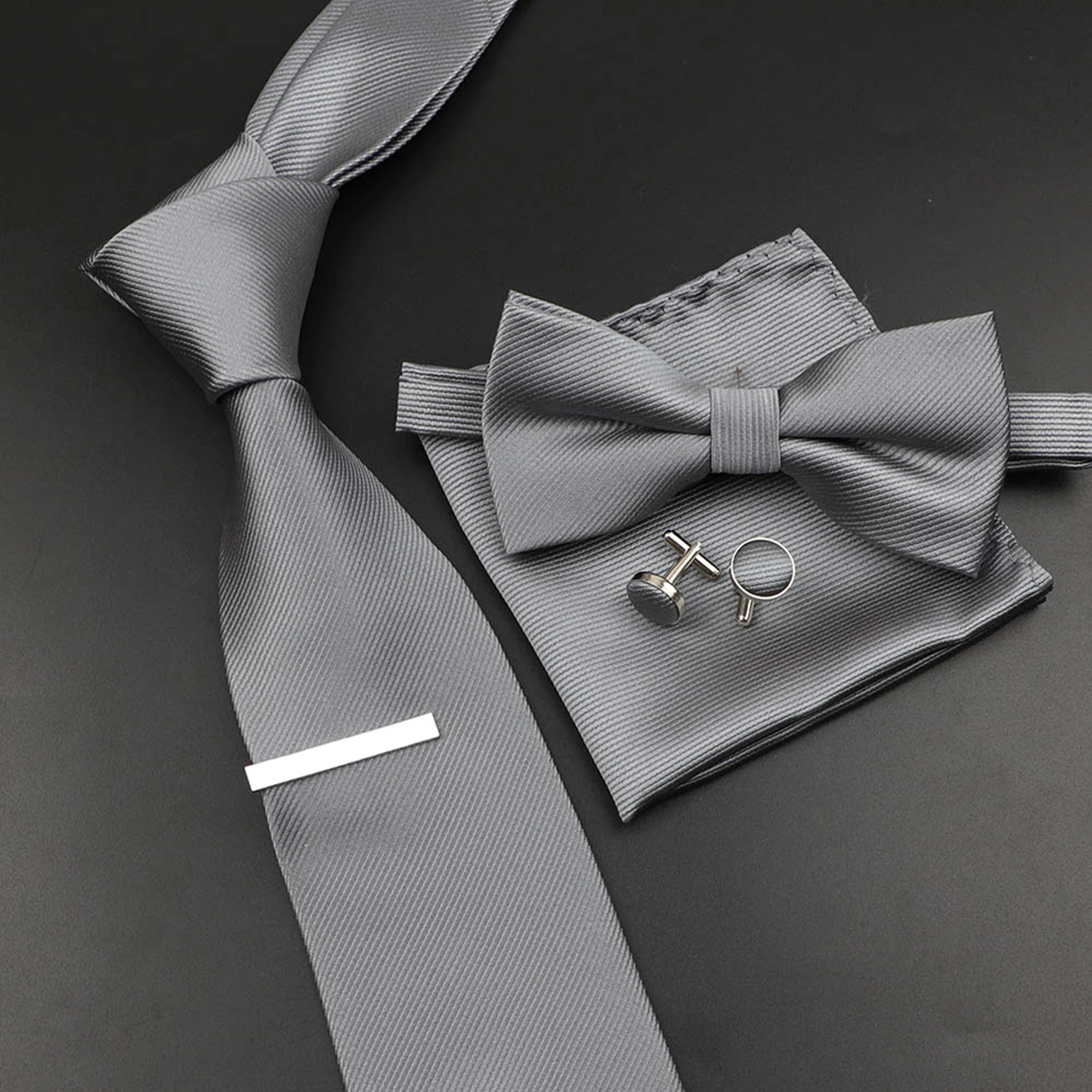 New Men's Tie Bowtie Set Luxury Business Worker Blue Black Solid Color Silk Polyester Jacquard Woven Necktie Suit Wedding Party