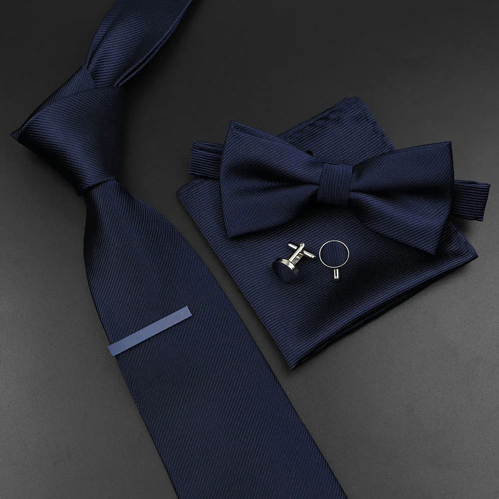 New Men's Tie Bowtie Set Luxury Business Worker Blue Black Solid Color Silk Polyester Jacquard Woven Necktie Suit Wedding Party