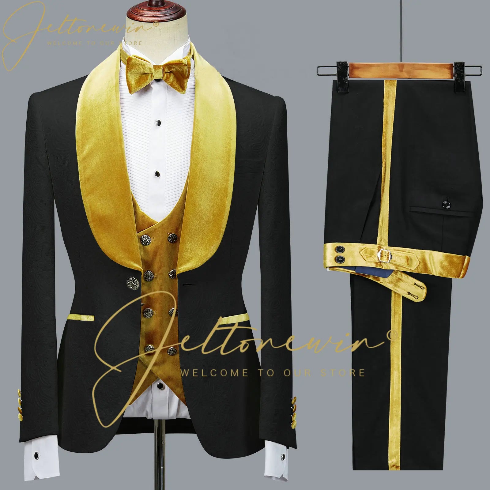 Fashion Designs Men Suits Groomsman Black Floral Jacket Burgundy Velvet Lapel Formal Groom Wear Wedding Party Dress Prom Tuxedos