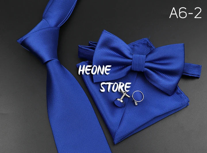 New Men's Tie Bowtie Set Luxury Business Worker Blue Black Solid Color Silk Polyester Jacquard Woven Necktie Suit Wedding Party