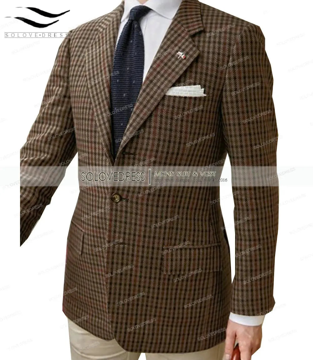 Formal Men's Suits Regular Fit Plaid Wool Tweed Prom Army Green Tuxedos Solid Business Brown Suits for Wedding Grooms Best Man