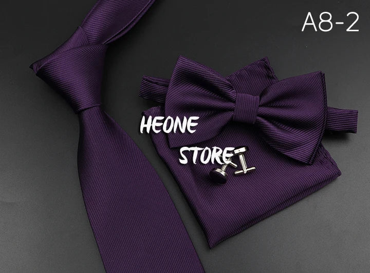 New Men's Tie Bowtie Set Luxury Business Worker Blue Black Solid Color Silk Polyester Jacquard Woven Necktie Suit Wedding Party