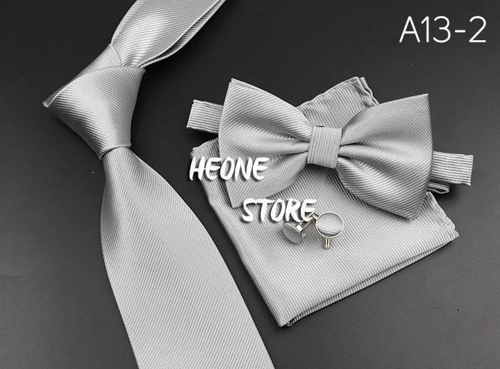 New Men's Tie Bowtie Set Luxury Business Worker Blue Black Solid Color Silk Polyester Jacquard Woven Necktie Suit Wedding Party