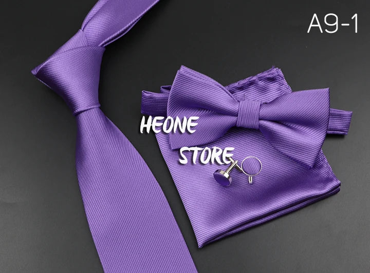 New Men's Tie Bowtie Set Luxury Business Worker Blue Black Solid Color Silk Polyester Jacquard Woven Necktie Suit Wedding Party