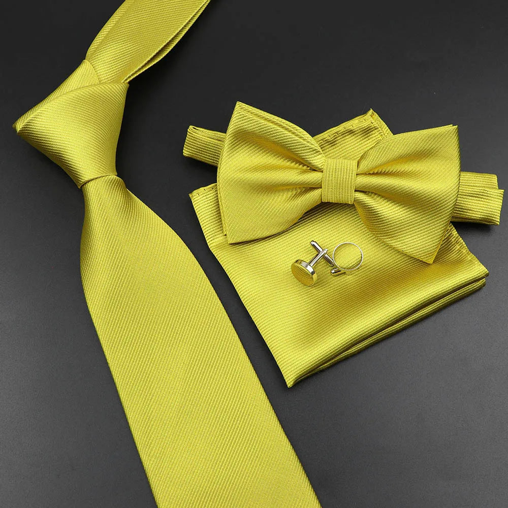 New Men's Tie Bowtie Set Luxury Business Worker Blue Black Solid Color Silk Polyester Jacquard Woven Necktie Suit Wedding Party
