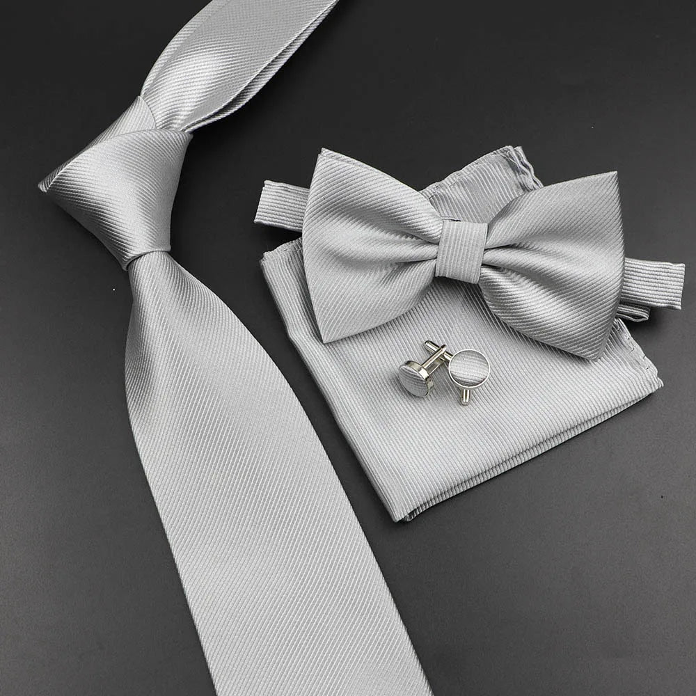 New Men's Tie Bowtie Set Luxury Business Worker Blue Black Solid Color Silk Polyester Jacquard Woven Necktie Suit Wedding Party