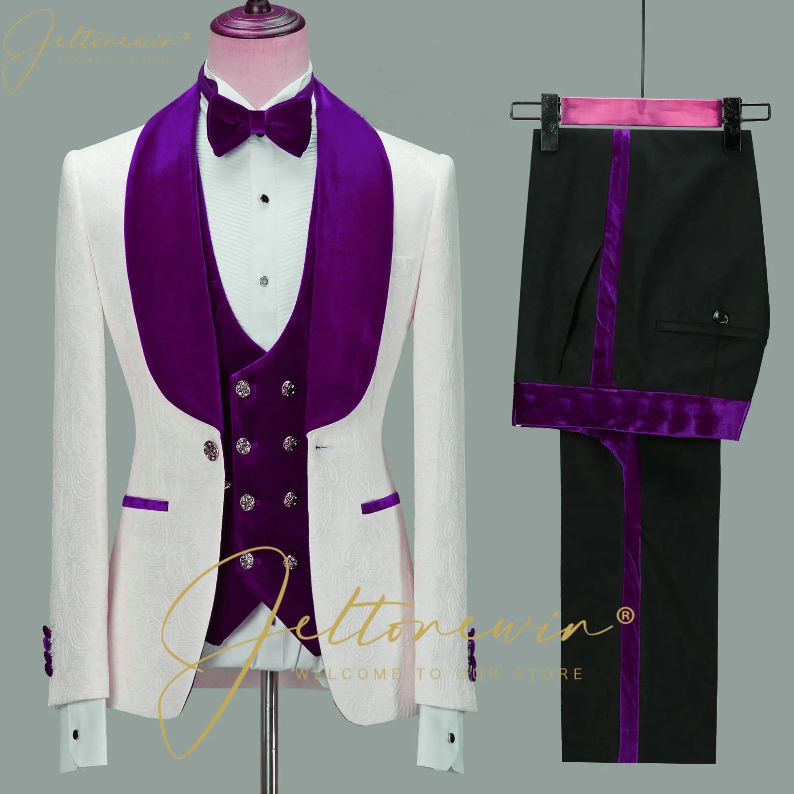 Fashion Designs Men Suits Groomsman Black Floral Jacket Burgundy Velvet Lapel Formal Groom Wear Wedding Party Dress Prom Tuxedos