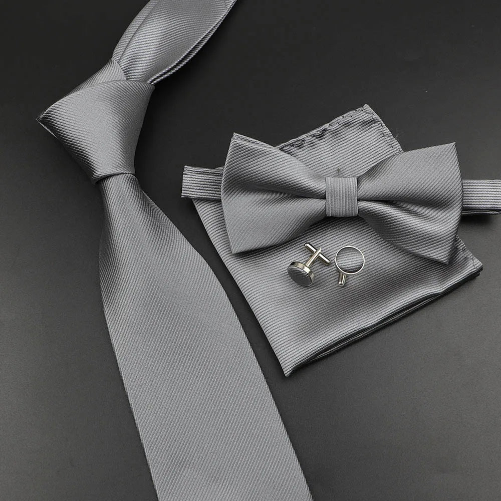New Men's Tie Bowtie Set Luxury Business Worker Blue Black Solid Color Silk Polyester Jacquard Woven Necktie Suit Wedding Party