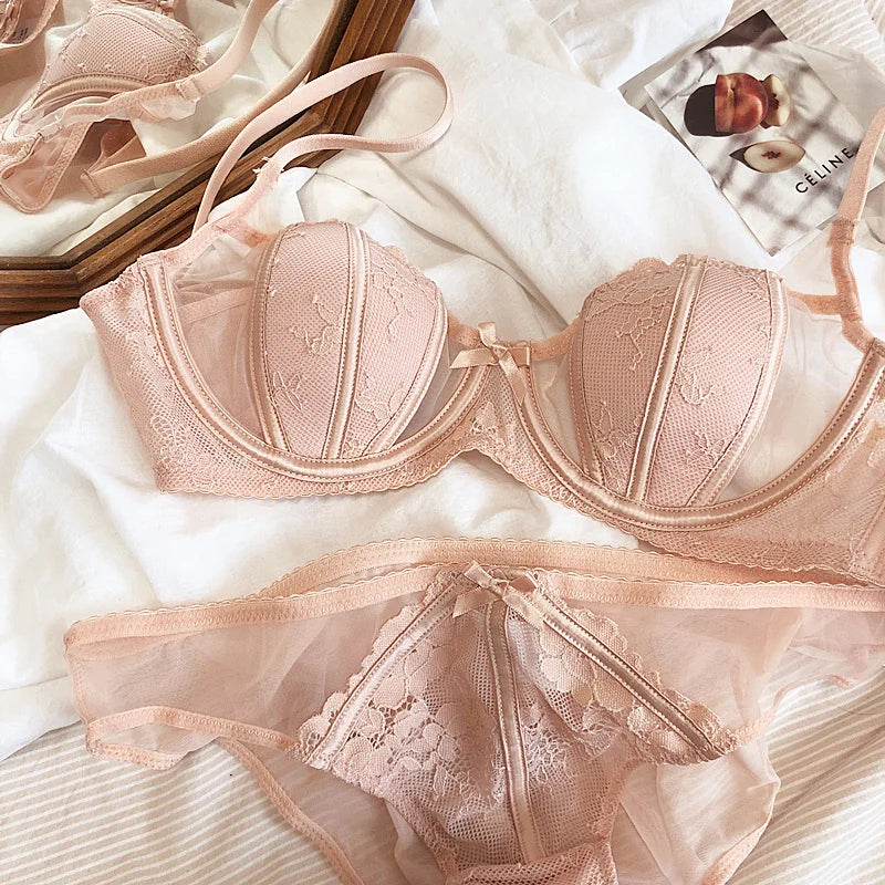 Big Size BCD Cup Translucent Sexy Cotton Thin Half Cup Lingerie Bra And Panty Sets Push Up Adjustable Summer Women Underwear