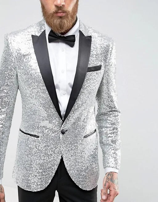 One Button Men Suits Silver and Black Groom Tuxedos Peak Satin Lapel Groomsmen Wedding Best Man ( Jacket+Pants+Bow Tie ) C686
