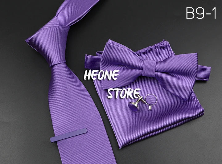 New Men's Tie Bowtie Set Luxury Business Worker Blue Black Solid Color Silk Polyester Jacquard Woven Necktie Suit Wedding Party
