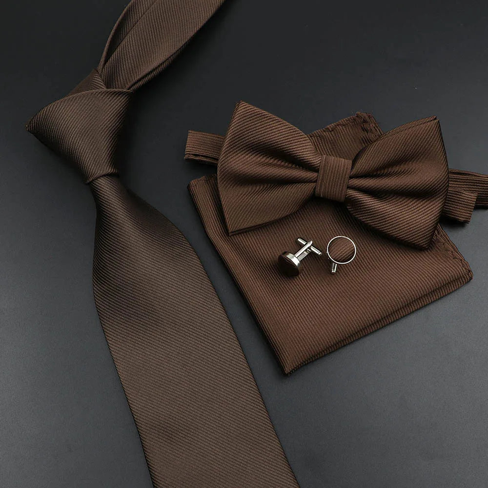 New Men's Tie Bowtie Set Luxury Business Worker Blue Black Solid Color Silk Polyester Jacquard Woven Necktie Suit Wedding Party