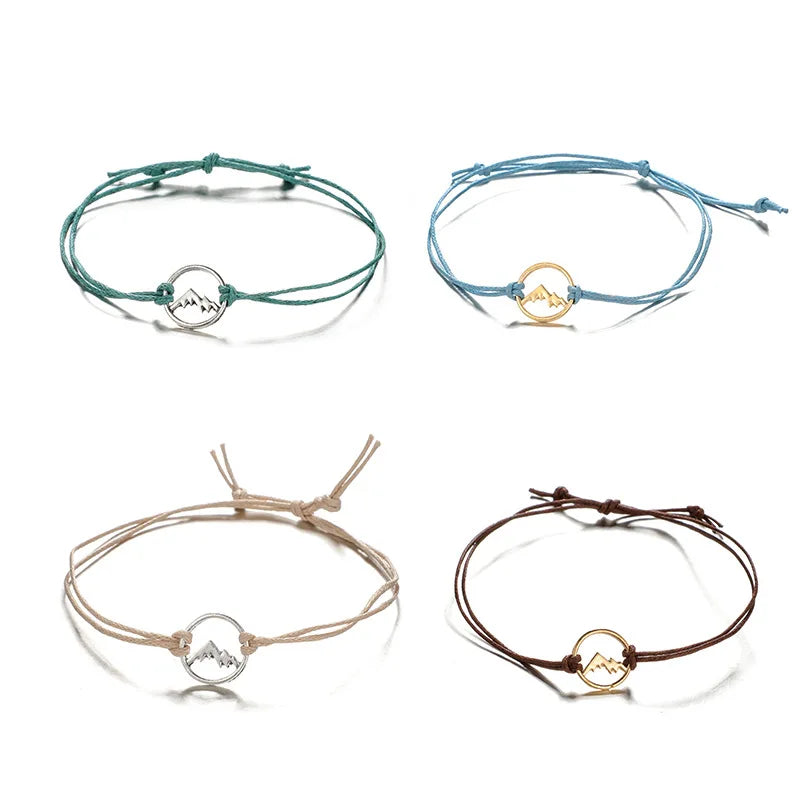 4PCs/Set Bohemian Style Geometric Cord Rope Colorful Hollow Tree Mountain Charm Circle Bracelet Unisex Party Jewelry