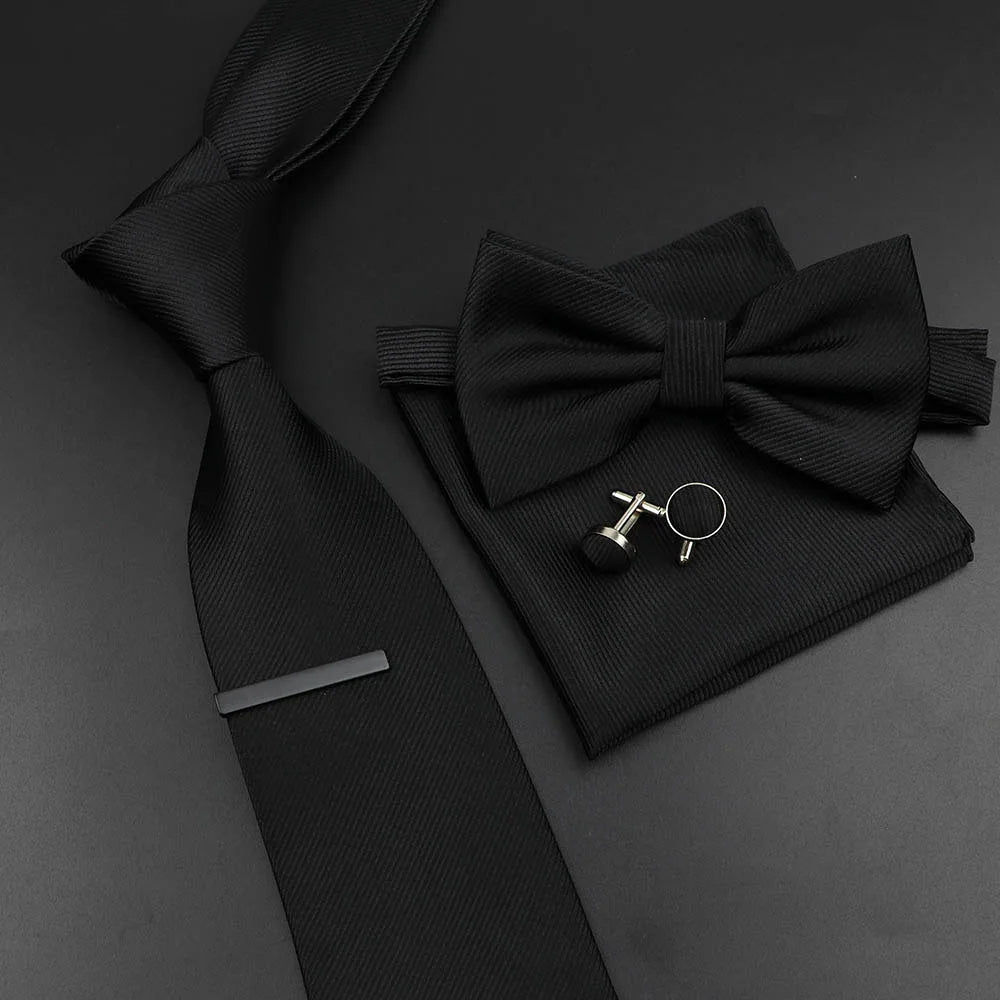New Men's Tie Bowtie Set Luxury Business Worker Blue Black Solid Color Silk Polyester Jacquard Woven Necktie Suit Wedding Party