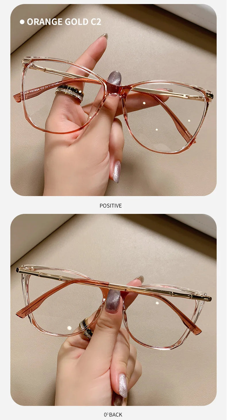 Blue Light Blocking Cat Eye Nearsighted Eyeglasses Women Men TR90 Metal Spring Hinge Eyeglasses Luxury Myopia Glasses -1.75 -6.0