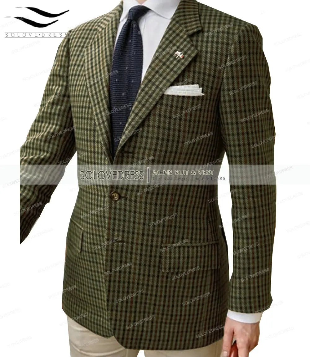 Formal Men's Suits Regular Fit Plaid Wool Tweed Prom Army Green Tuxedos Solid Business Brown Suits for Wedding Grooms Best Man