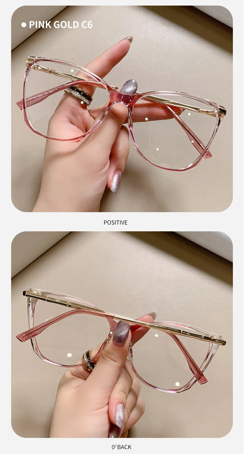 Blue Light Blocking Cat Eye Nearsighted Eyeglasses Women Men TR90 Metal Spring Hinge Eyeglasses Luxury Myopia Glasses -1.75 -6.0