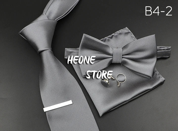 New Men's Tie Bowtie Set Luxury Business Worker Blue Black Solid Color Silk Polyester Jacquard Woven Necktie Suit Wedding Party