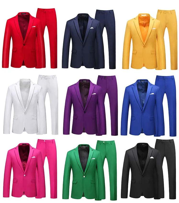 Men's Suit Jacket with Pant Slim Fit Formal Clothing Business Work Wedding Tuxedo Set Blazer Trousers White Pink Red Suits Man
