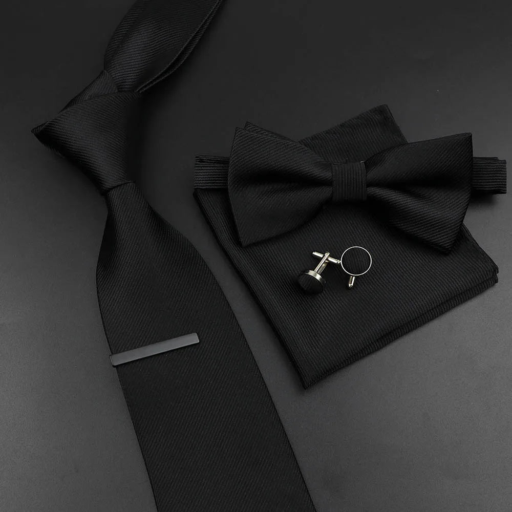 New Men's Tie Bowtie Set Luxury Business Worker Blue Black Solid Color Silk Polyester Jacquard Woven Necktie Suit Wedding Party