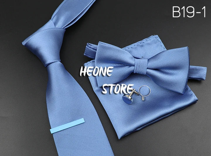 New Men's Tie Bowtie Set Luxury Business Worker Blue Black Solid Color Silk Polyester Jacquard Woven Necktie Suit Wedding Party