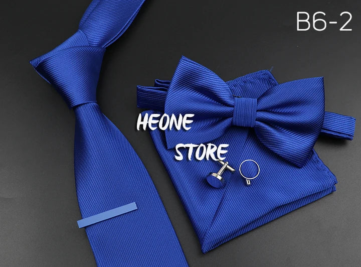 New Men's Tie Bowtie Set Luxury Business Worker Blue Black Solid Color Silk Polyester Jacquard Woven Necktie Suit Wedding Party