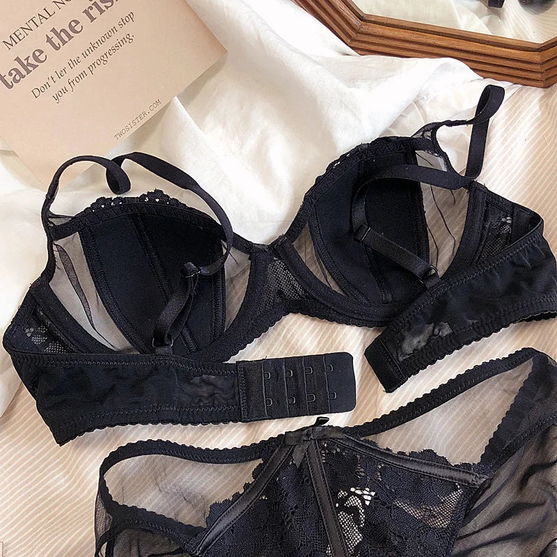 Big Size BCD Cup Translucent Sexy Cotton Thin Half Cup Lingerie Bra And Panty Sets Push Up Adjustable Summer Women Underwear