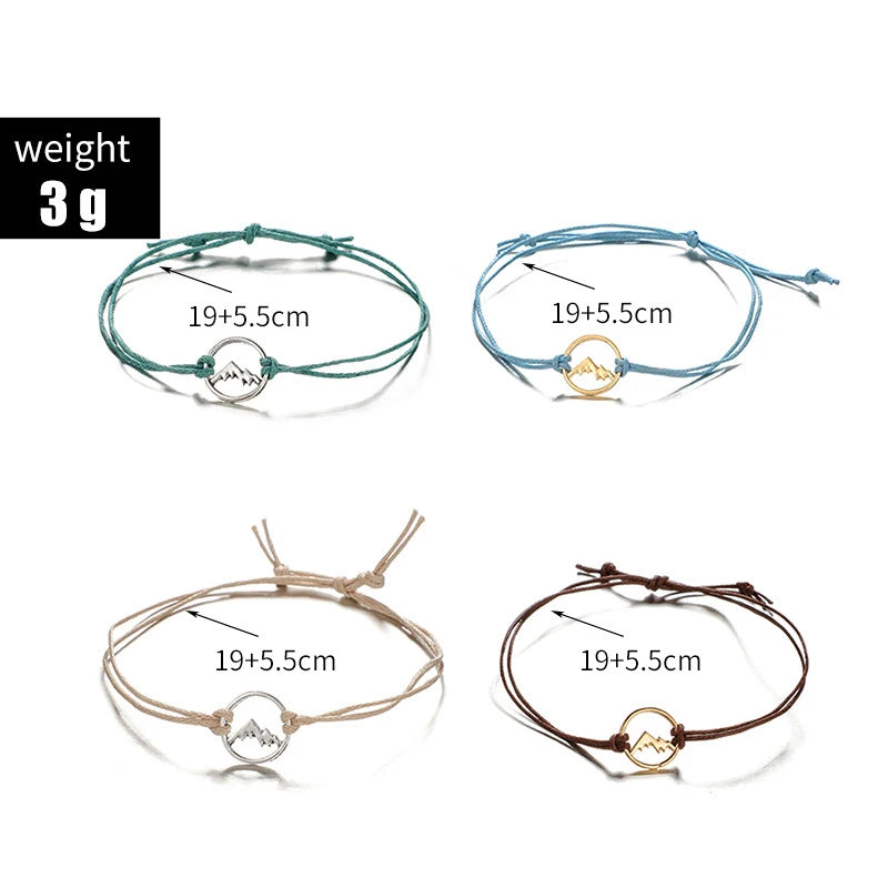 4PCs/Set Bohemian Style Geometric Cord Rope Colorful Hollow Tree Mountain Charm Circle Bracelet Unisex Party Jewelry