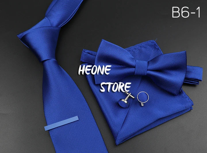 New Men's Tie Bowtie Set Luxury Business Worker Blue Black Solid Color Silk Polyester Jacquard Woven Necktie Suit Wedding Party