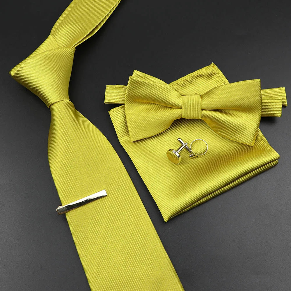 New Men's Tie Bowtie Set Luxury Business Worker Blue Black Solid Color Silk Polyester Jacquard Woven Necktie Suit Wedding Party
