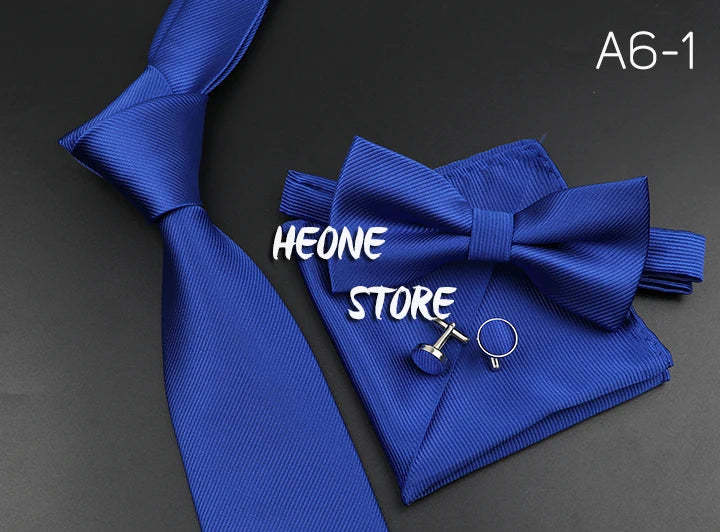 New Men's Tie Bowtie Set Luxury Business Worker Blue Black Solid Color Silk Polyester Jacquard Woven Necktie Suit Wedding Party