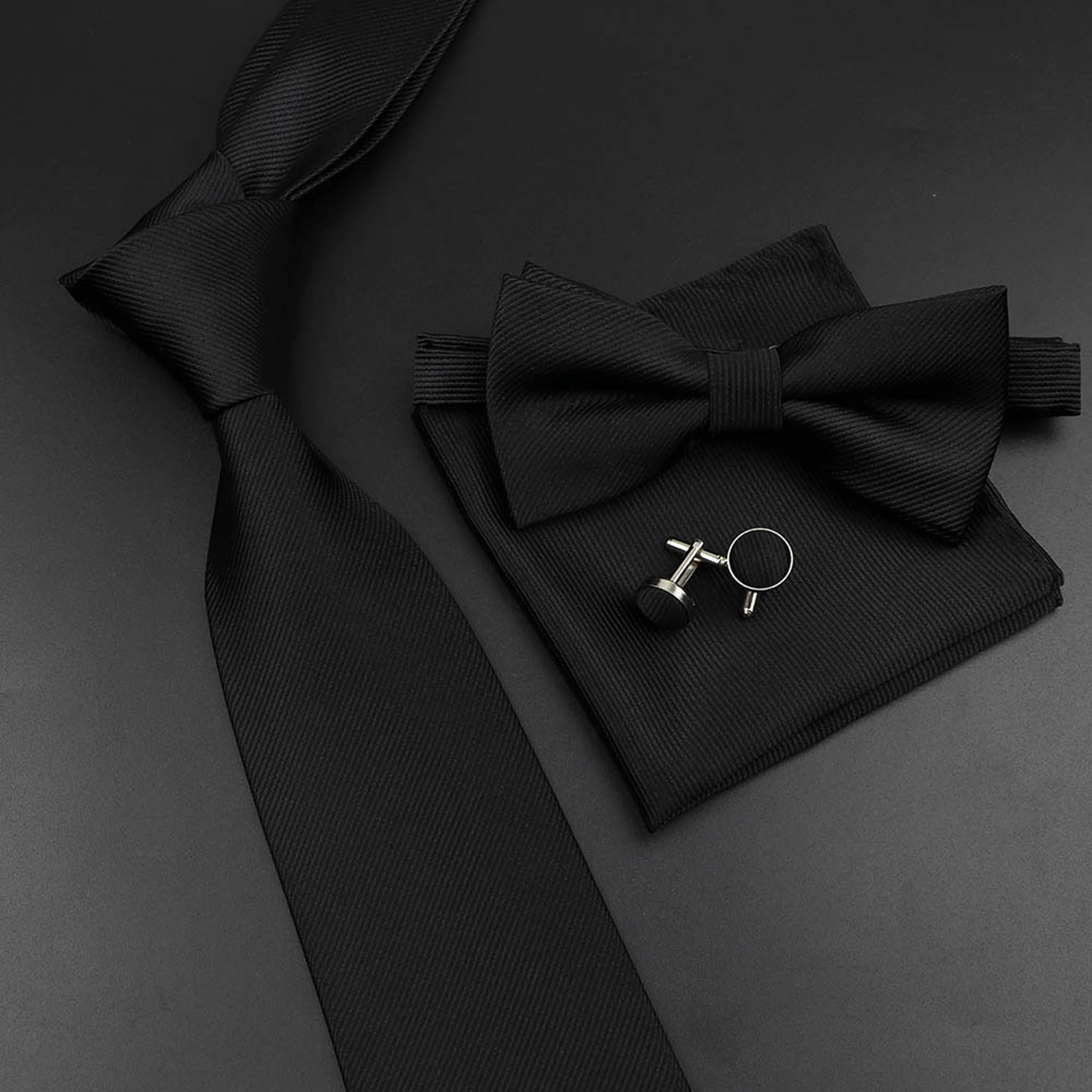 New Men's Tie Bowtie Set Luxury Business Worker Blue Black Solid Color Silk Polyester Jacquard Woven Necktie Suit Wedding Party