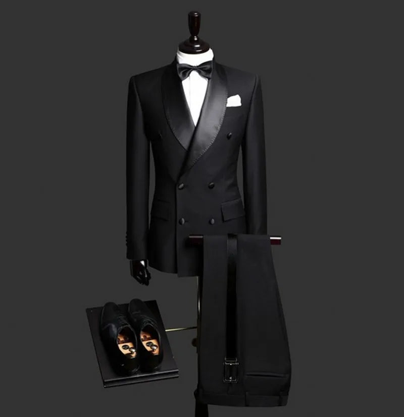 One Button Men Suits Silver and Black Groom Tuxedos Peak Satin Lapel Groomsmen Wedding Best Man ( Jacket+Pants+Bow Tie ) C686