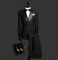 One Button Men Suits Silver and Black Groom Tuxedos Peak Satin Lapel Groomsmen Wedding Best Man ( Jacket+Pants+Bow Tie ) C686