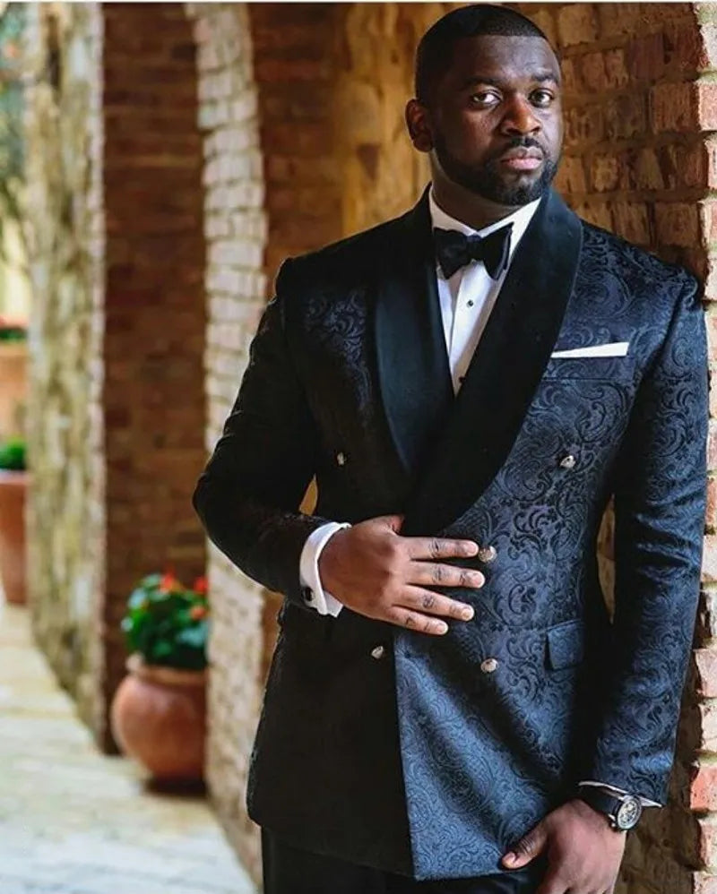 One Button Men Suits Silver and Black Groom Tuxedos Peak Satin Lapel Groomsmen Wedding Best Man ( Jacket+Pants+Bow Tie ) C686