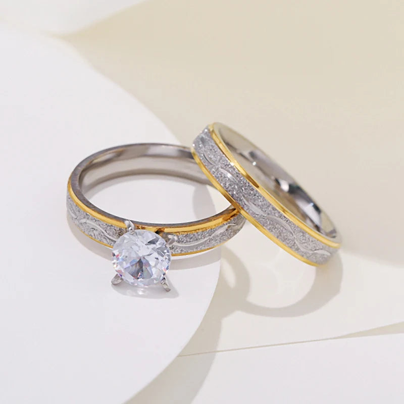 4mm Couple Lover Engagement Rings for Women Men Stainless Steel Ring with Zircon Korean Style Jewelry for Wedding WC033