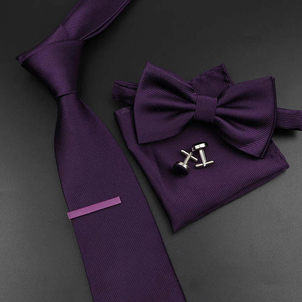 New Men's Tie Bowtie Set Luxury Business Worker Blue Black Solid Color Silk Polyester Jacquard Woven Necktie Suit Wedding Party