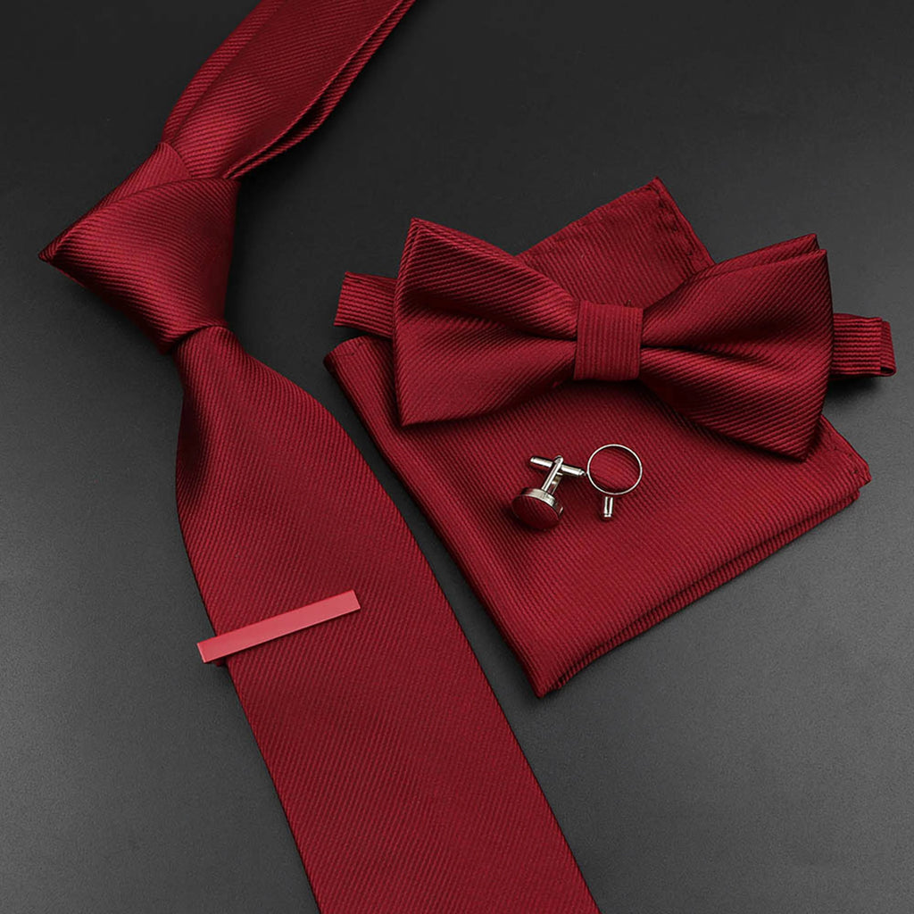New Men's Tie Bowtie Set Luxury Business Worker Blue Black Solid Color Silk Polyester Jacquard Woven Necktie Suit Wedding Party