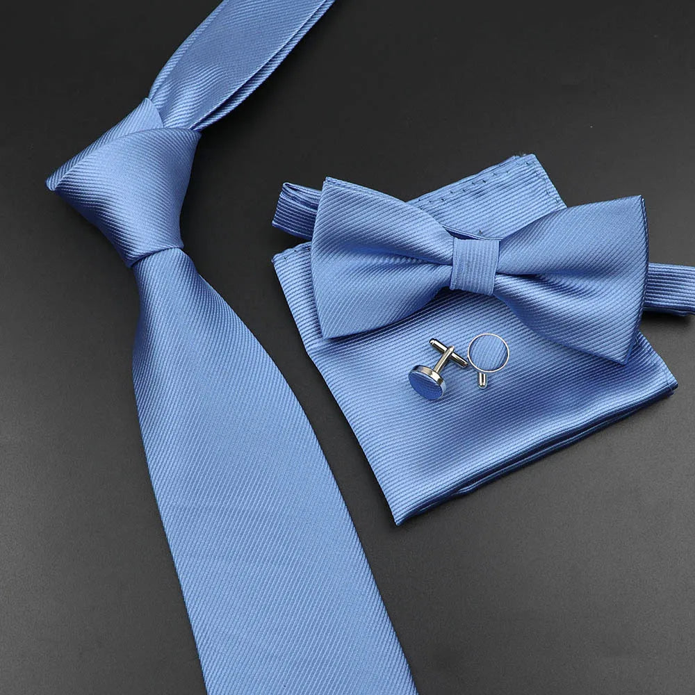 New Men's Tie Bowtie Set Luxury Business Worker Blue Black Solid Color Silk Polyester Jacquard Woven Necktie Suit Wedding Party