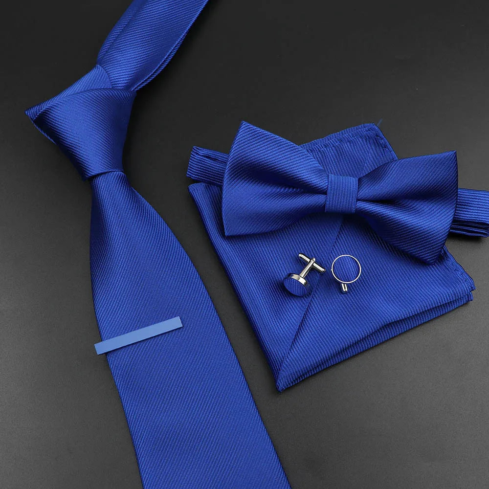 New Men's Tie Bowtie Set Luxury Business Worker Blue Black Solid Color Silk Polyester Jacquard Woven Necktie Suit Wedding Party
